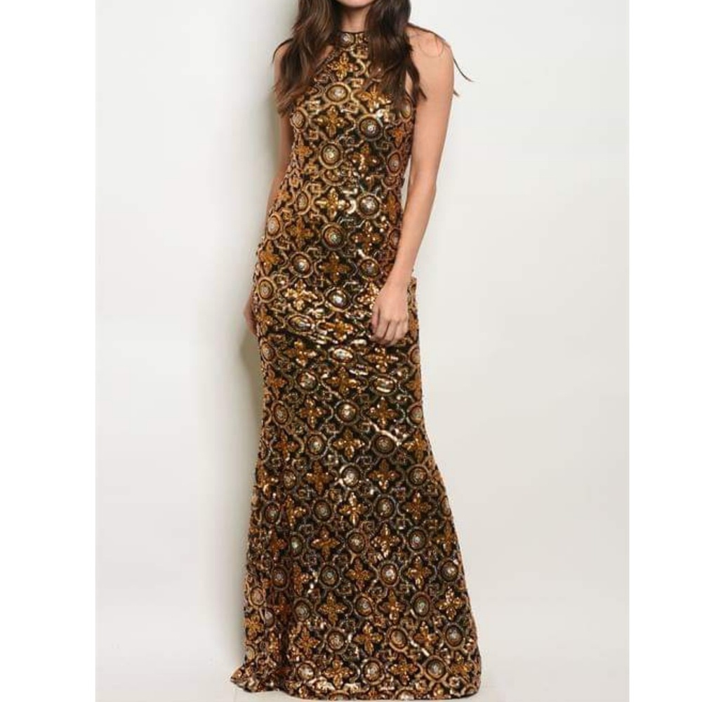 TIMELESS SEQUIN GLITTERING MAXI EVENING GOWN GOLD - Picture 2 of 5